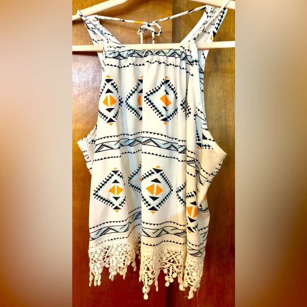 Tribal Print Sleeveless Top with Lace Hem